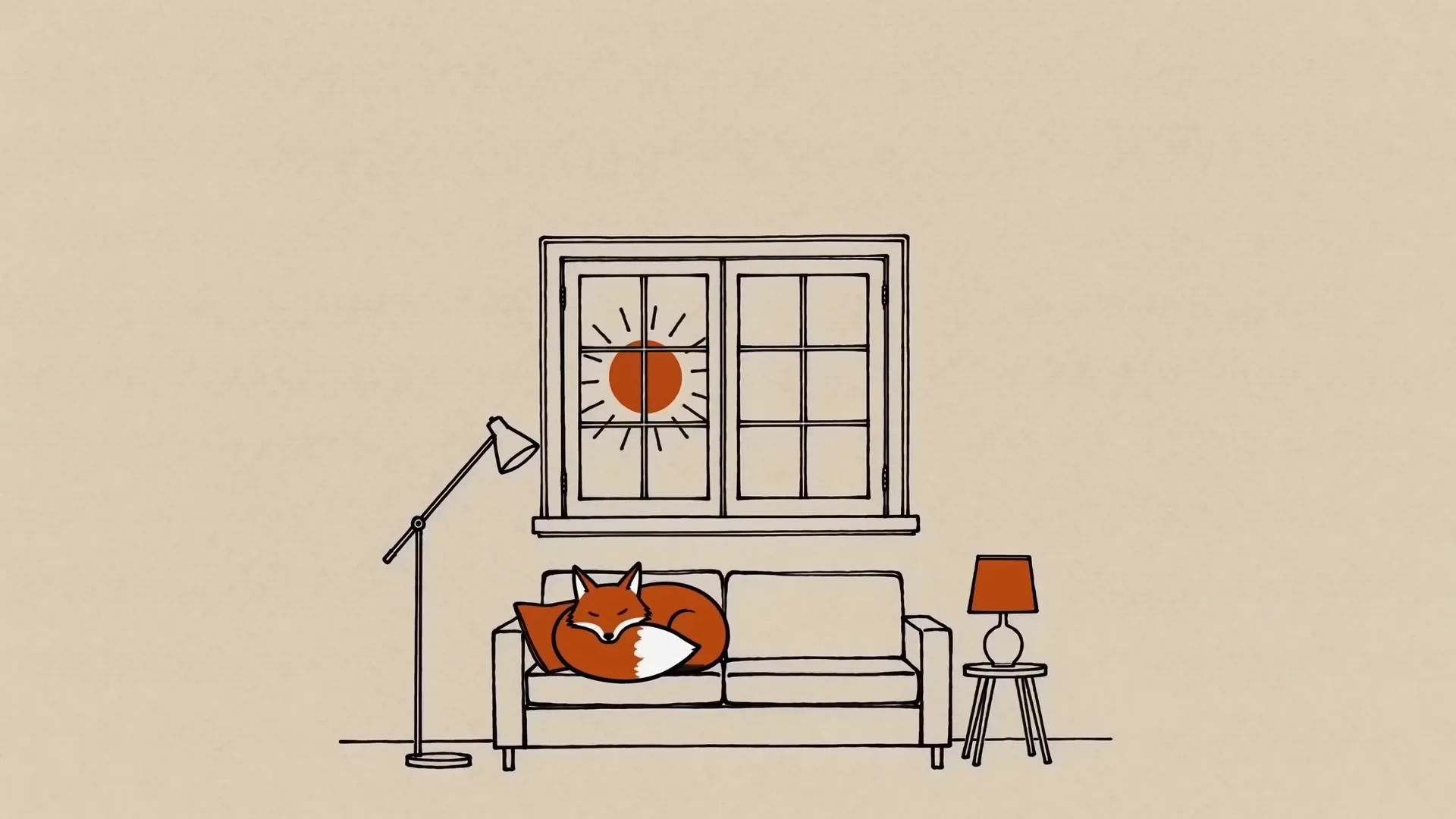 A sketched living room in morning sun, the fox curled asleep on the couch